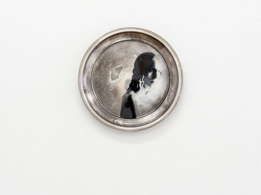 Henry Belden, Roundel, 2024, Pewter tray, inkjet print on acetate, resin