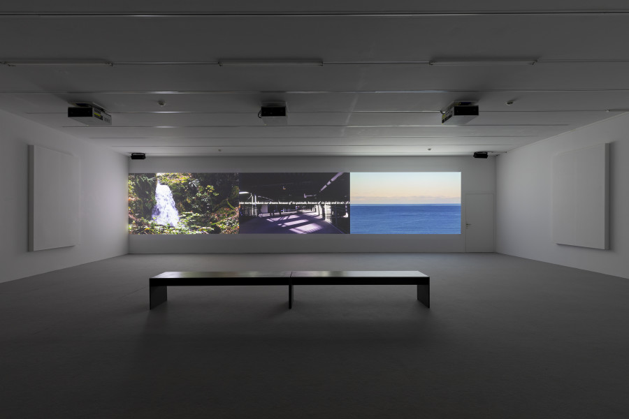 Installation view ‘Sky Hopinka – Behind the evening tide’, Luma Westbau, Zurich. Photo: Nelly Rodriguez