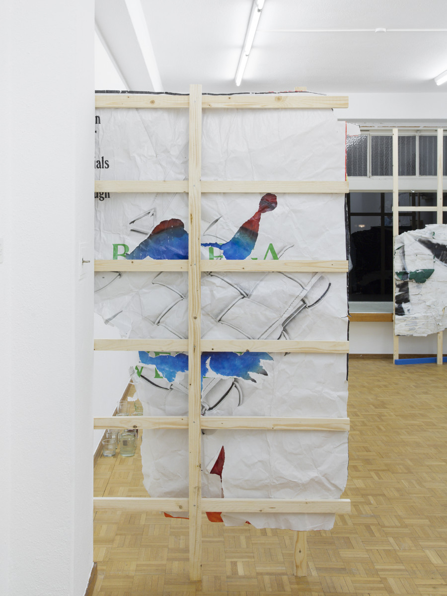 Amina Ross, Hold (6), 2022, Found paper advertisements, wheat paste, rainwater, screws, wood, acrylic latex paint, 200 x 120 x 10cm. Picture credit: Philipp Rupp/Julien Gremaud. Courtesy of the artist and Sentiment