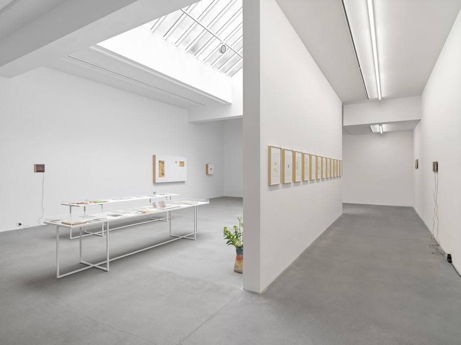 Installation view, Frequencies (and atmospheres), curated by Andreas Melas and Helena Papadopoulos, Galerie Eva Presenhuber, Waldmannstrasse, Zurich, 2023. © the artists. Courtesy the artists and Galerie Eva Presenhuber, Zurich / Vienna Photo: Stefan Altenburger Photography, Zürich.