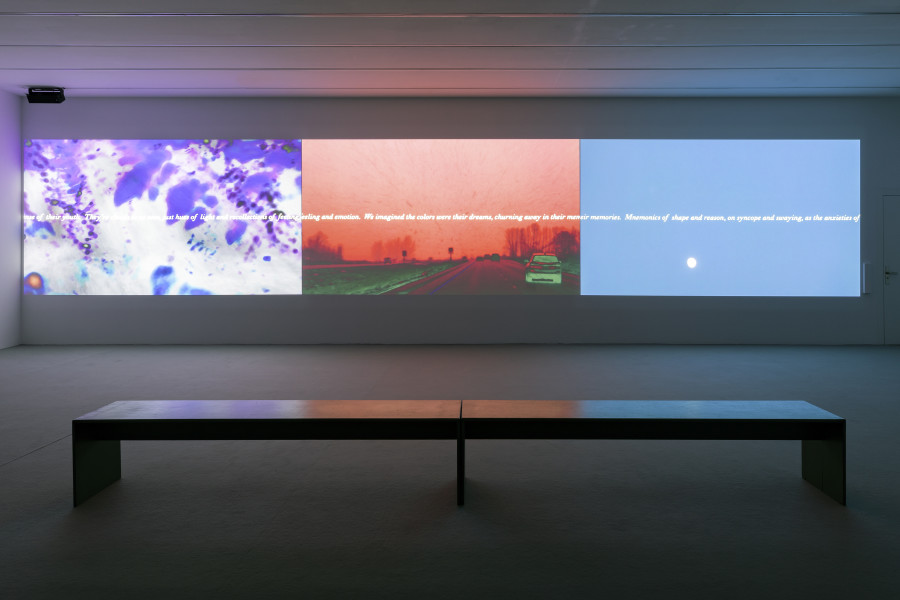 Installation view ‘Sky Hopinka – Behind the evening tide’, Luma Westbau, Zurich. Photo: Nelly Rodriguez