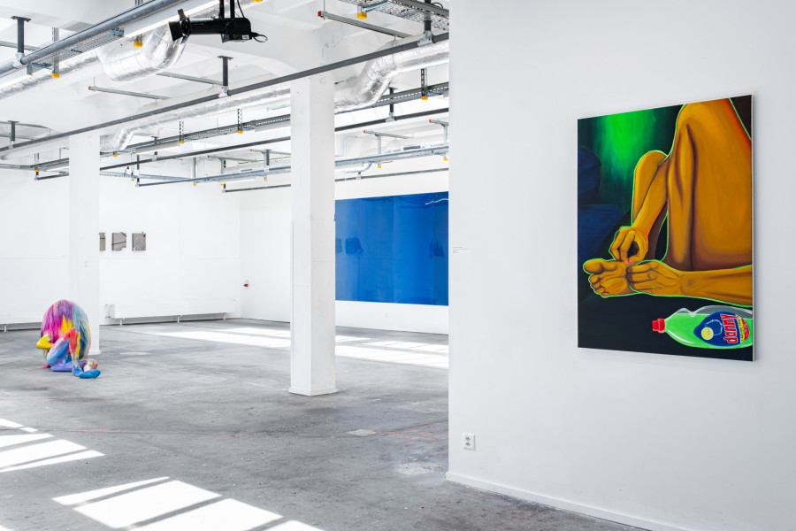 Exhibition View Group Show «Zahltag; view on Cécile Cornet, Painted Dreams, ou comment retirer une épine avec grâce, 2023, acrylic on linen canvas, 116 x 89 cm» at Le Commun, Geneva, 2024 / Photo: Daniel Leal / Courtesy: Spielact Festival