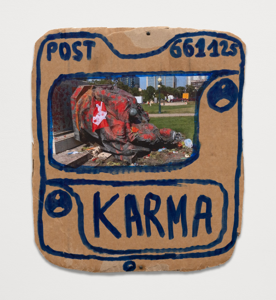 Thomas Hirschhorn, Post (KARMA 1), 2024, Cardboard, print and felt pencil, 28 x 24 cm. Photo credit: Jonathan Dirlewanger