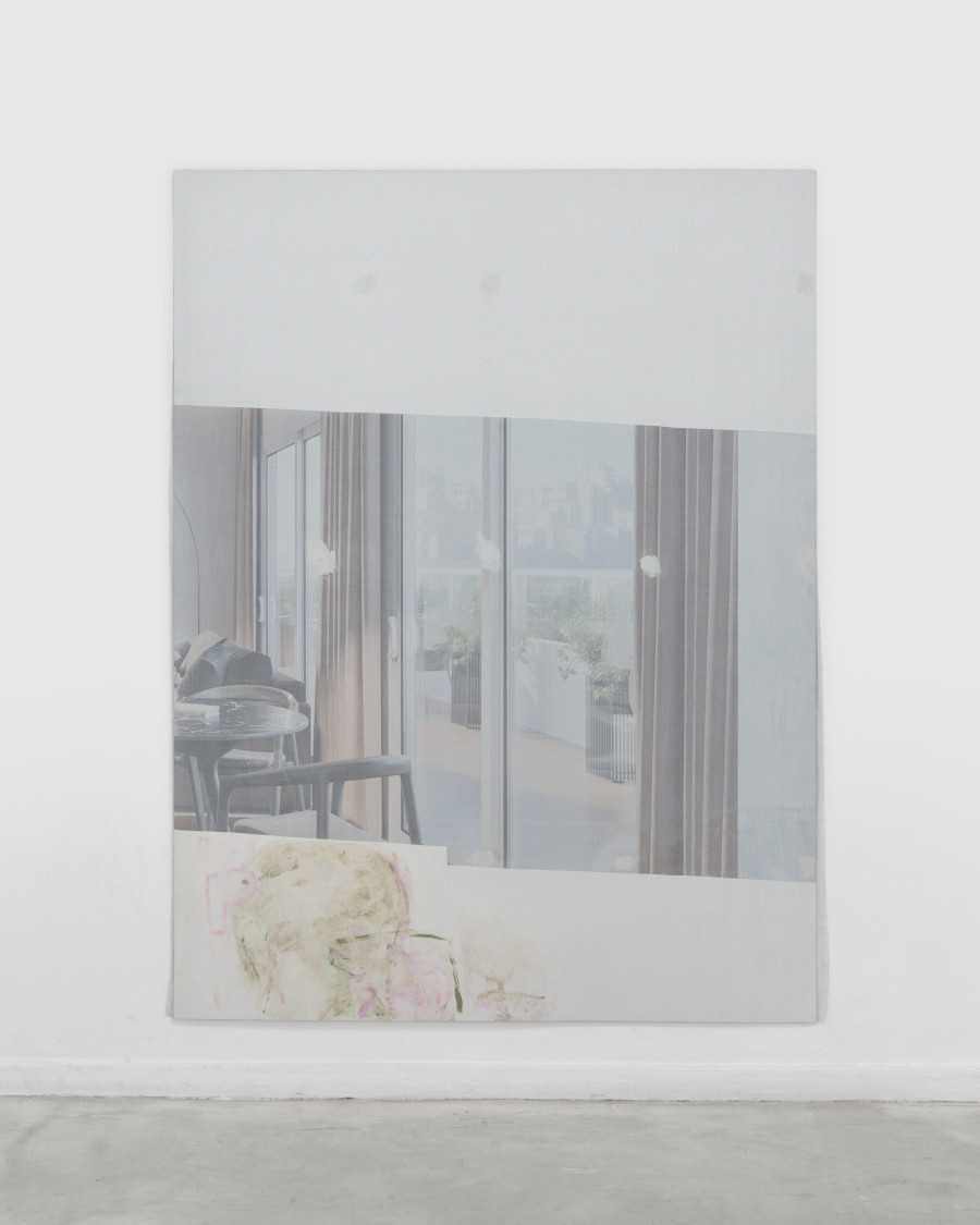 Exhibition View Group Show; view on Gilles Jacot, It’s Always Summer and the Sky Is Blue, 2026, 145 × 190 × 0,5 cm, aluminium Dibond advertising board, fabric and industrial paint at Forde, Geneva, 2026 / Photo: Théa Giglio / Courtesy: the artist and Forde