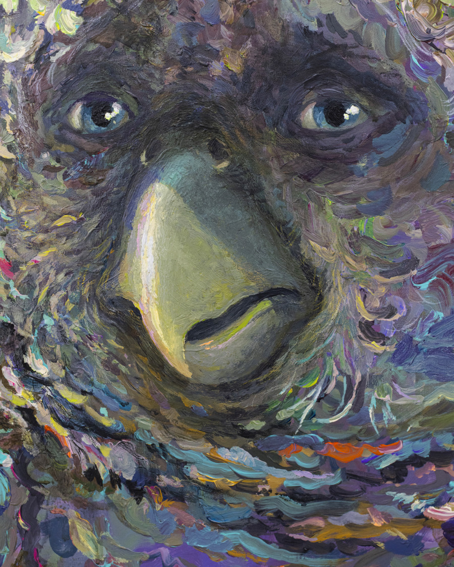 Michele Gabriele, “Portrait of a Parrot. An Unbothered, Sad, and Cringe Parrot. Indifferent to its Context.” (detail), from the Solo Show “Brambora” at Kaly Gallery, Lucerne, CH, Acrylic on canvas, artist frame, 51 1/8 x 42 1/8 in, 130 x 107 cm, 2025. Courtesy of the Artist and Kali Gallery. Photo by Kim da Motta