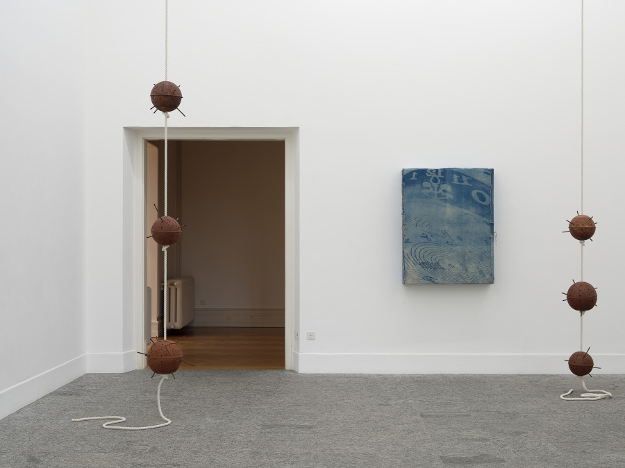 Maya Hottarek, SCH OK, 2023, cyanotype on linen; Multiplying pleasures, 2023; ceramics, incense sticks, dew. Photo: David Aebi