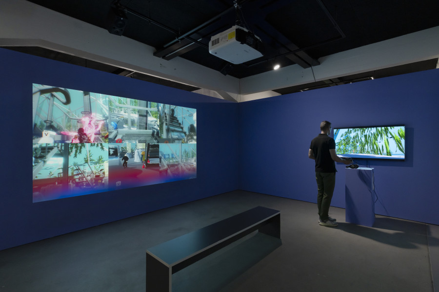 Ayoung Kim, Surisol Underwater Lab: VRChat World, 2022, Surisol Underwater Lab Guided Tour, 2022, exhibition view «Collective Worldbuilding – Art in the Metaverse», 2023, HEK, Photo: Franz Wamhof