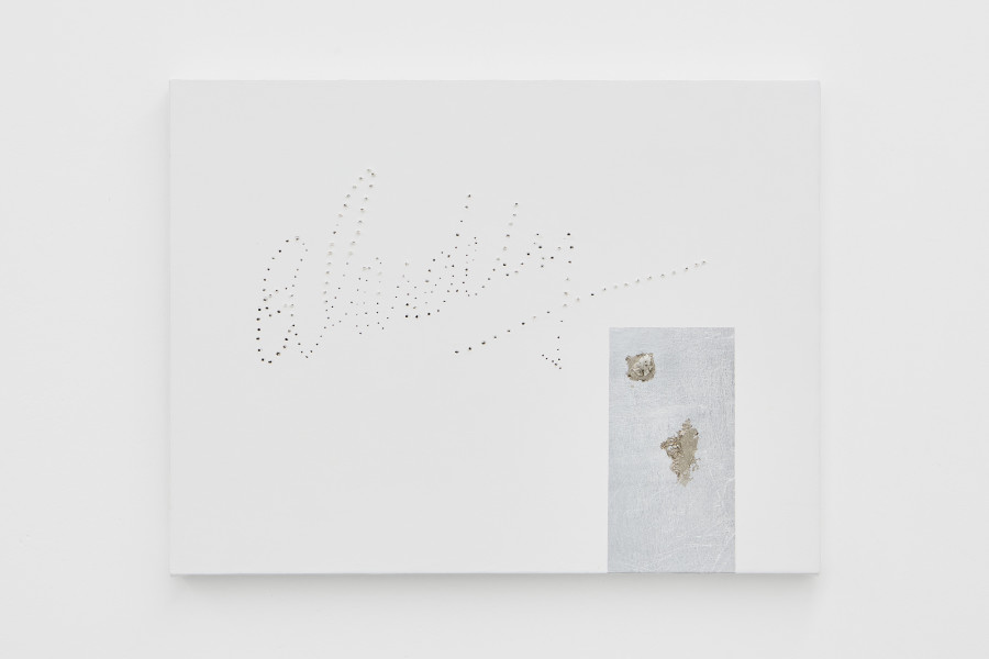 Valentina Vaccarella, Mr. Klein, 2026. Silver leaf, palladium leaf, clear quartz, marble dust and holes on canvas. 48 × 63.5 cm. Photo credit: Philipp Rupp