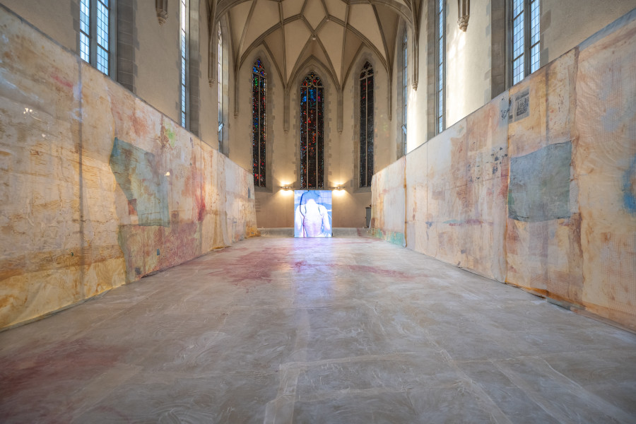 Mandy El-Sayegh ‘Enfleshing’, installation at Wasserkirche, Zürich. Part of the exhibition ‘In Session’, Tichy Ocean Foundation, Zürich, 2023. Photo: Massimo Bello. Courtesy the artist and Tichy Ocean Foundation