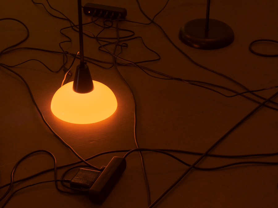 Daria Blum, HOME SCREEN, detail, 2026, Programmed video, sound and light script, 20 IKEA TÅGARP lamps, 3 BOTEX DMX-Switchpacks, disco ball, loop, Dimensions variable. Photo credits: Julian Blum