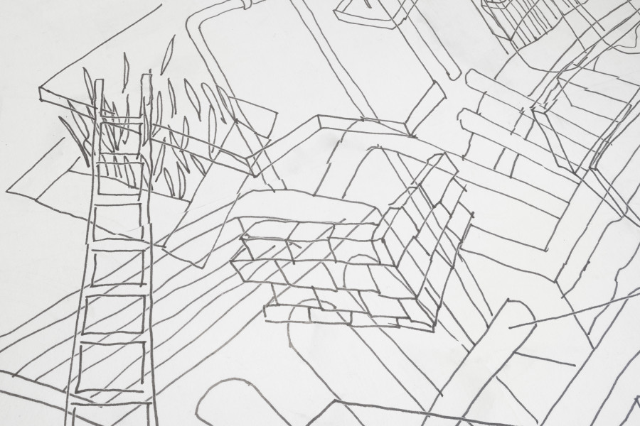 Detail of Aldo Mozzini, Quasi un rifugio, 2025. Drawing, large poster on poster paper, 356 x 504 cm – MDF panels, window with design made with yoghurt, bituminous paper, white wooden flag, stool, lamp, intaglio printing fabrics, plastic waste, various types of wood, 220 x 280 x 140 cm. Ph by Riccardo Giancola. Images courtesy of artists and La Rada, Photography by Riccardo Giancola (@riccardo_giancola) and Emanuele Finardi (@e.m.hey)