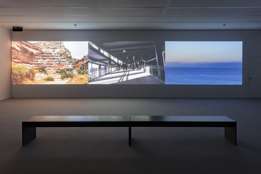 Installation view ‘Sky Hopinka – Behind the evening tide’, Luma Westbau, Zurich. Photo: Nelly Rodriguez