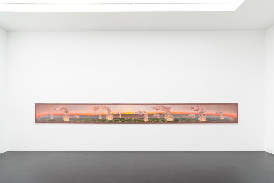 Caroline Bachmann, 58 av. J.-C., 2020. Oil on canvas (10 elements), 80 x 800 x 2.2 cm. Installation view, Galerie Gregor Staiger, Zurich