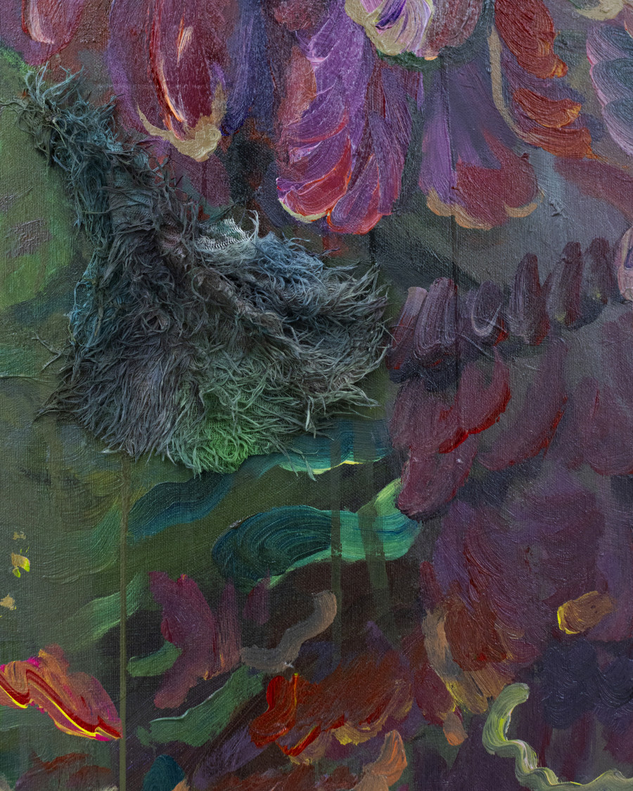 Michele Gabriele, “Study for the Plumage of a Parrot. An Unbothered, Sad, and Cringe Parrot. Indifferent to its Context.” (detail), from the Solo Show “Brambora” at Kaly Gallery, Lucerne, CH, Acrylic and mixed media on canvas, 78 3/4 x 59 in, 200 x 150 cm, 2025. Courtesy of the Artist and Kali Gallery. Photo by Kim da Motta
