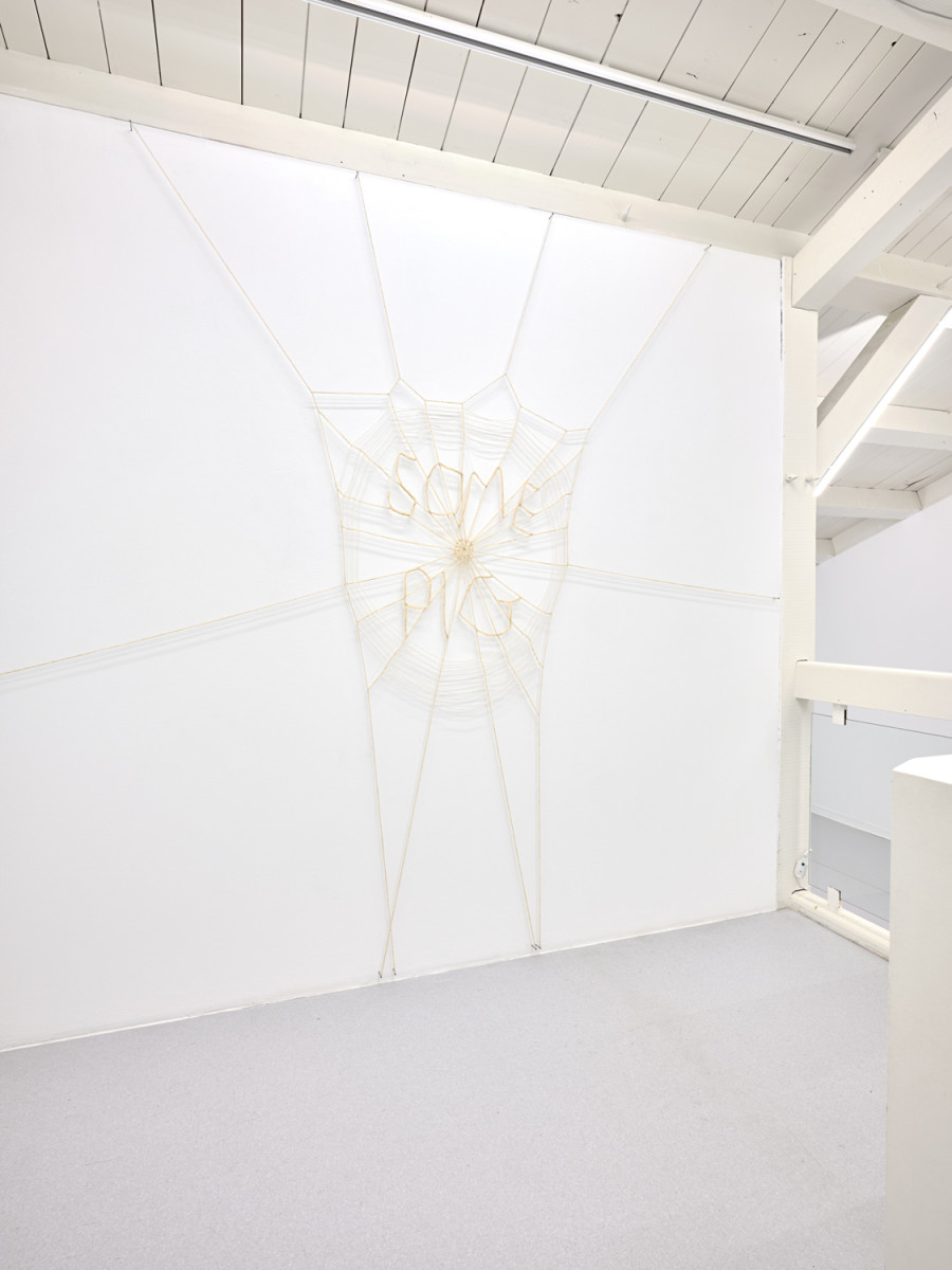 Almost tender, Exhibition view, 2026, Ferme de la Chapelle. © Photo by Nicolas Delaroche Studio. SOME PIG, 2026, texel sheep wool, 249 x 267 cm, made by Pierre Szczepski