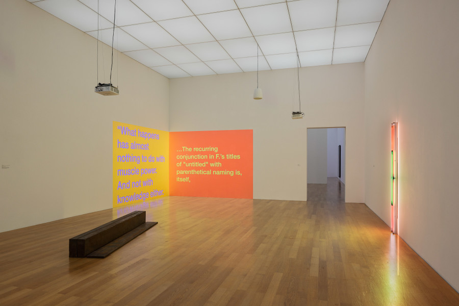 Installation view, Tony Cokes, Let Yourself Be Free, Kunstmuseum Liechtenstein, 2025-2026. Works by Richard Serra, Tony Cokes, Dan Flavin. Photo credit: kunst-dokumentation.com. © Tony Cokes / 2025, ProLitteris, Zurich / Kunstmuseum Liechtenstein