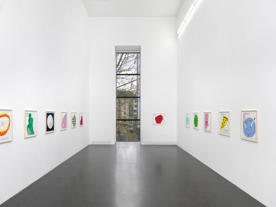 Installation view, David Shrigley, Proposals for Record Covers, Galerie Francesca Pia, Zurich, 2022. Photo: Annik Wetter