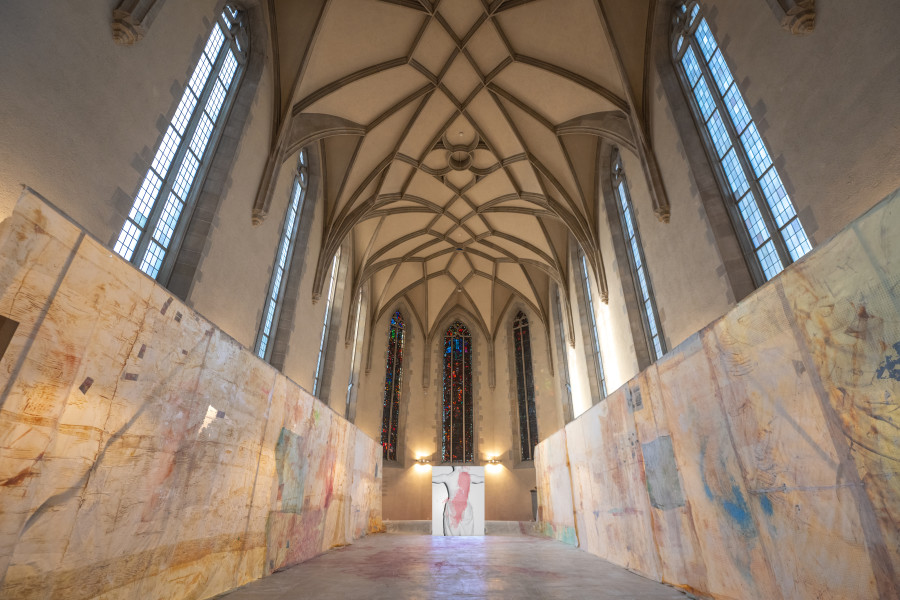 Mandy El-Sayegh ‘Enfleshing’, installation at Wasserkirche, Zürich. Part of the exhibition ‘In Session’, Tichy Ocean Foundation, Zürich, 2023. Photo: Massimo Bello. Courtesy the artist and Tichy Ocean Foundation