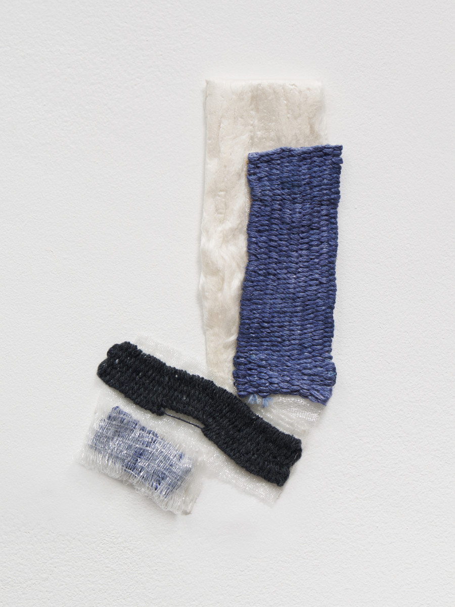 Hana Miletić, Materials, 2022, Hand-woven textile (dark recycled jeans, indigo dyed organic cotton, recycled nylon, recycled plastic and white silk lap), 21 x 13 x 1.5 cm