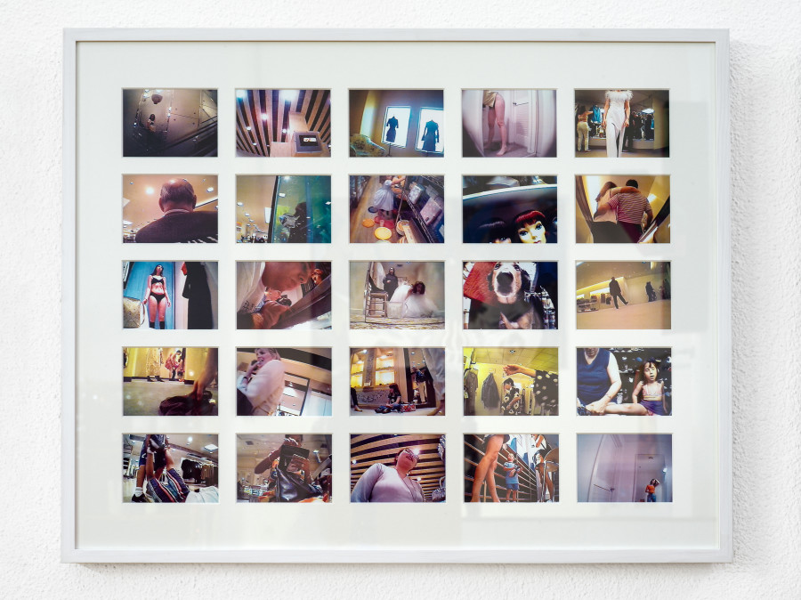 Merry Alpern, Photographic prints of stills from the artist’s 1999 film Shopping, in Passage du Commerce, Kunsthalle Winterthur, 2025. Photo: Cedric Mussano