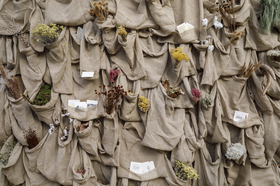 Solange Pessoa, Bags – Bregenz version, 1994–2023, Detail view first floor Kunsthaus Bregenz, 2023. Photo: Markus Tretter. Courtesy of the artist, Mendes Wood DM. © Solange Pessoa, Kunsthaus Bregenz