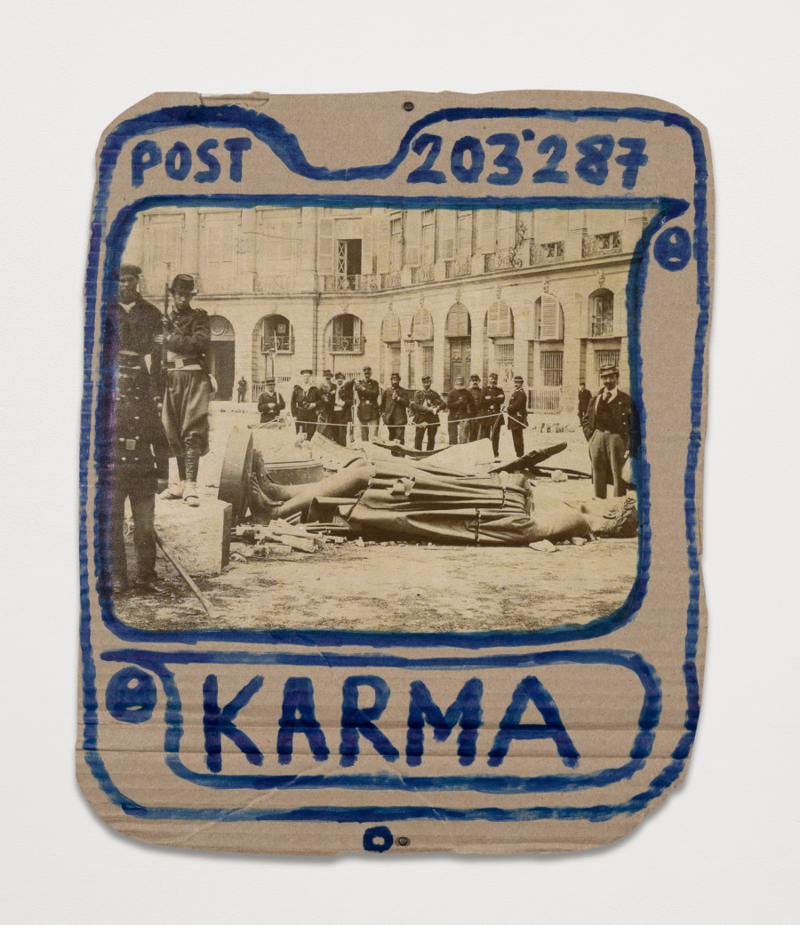 Thomas Hirschhorn, Post (KARMA 3), 2024, Cardboard, print and felt pencil, 32 x 27 cm. Photo credit: Jonathan Dirlewanger