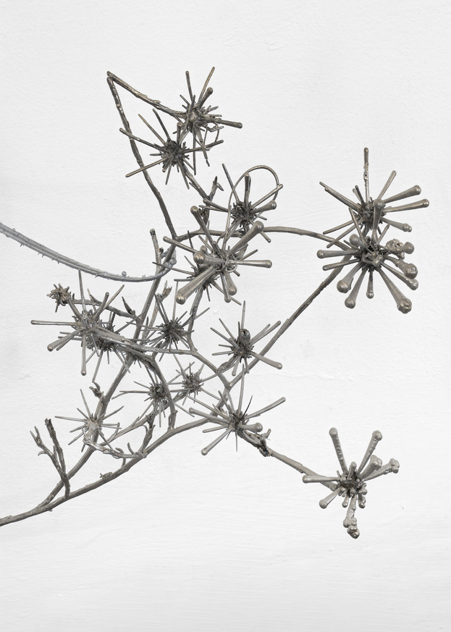 Detail of Lucia Cristiani, Spiny galaxy, 2025. Galvanised silver thistles, aluminium, 30x20x35 cm. Courtesy of the Artist and La Rada, Locarno. Photography by Riccardo Giancola. Images courtesy of artists and La Rada, Photography by Riccardo Giancola (@riccardo_giancola) and Emanuele Finardi (@e.m.hey)