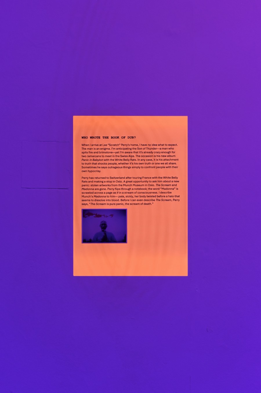 "Who Wrote the Book of Dub?," 2005/2024, print on neon orange paper, photo print on pergament paper, wire, lamps, dimensions variable. "Shi Deh Deh" by Jasmine Tutum at Kaiserwache, Freiburg im Breisgau, 2026. Photo by Stefan Lux.