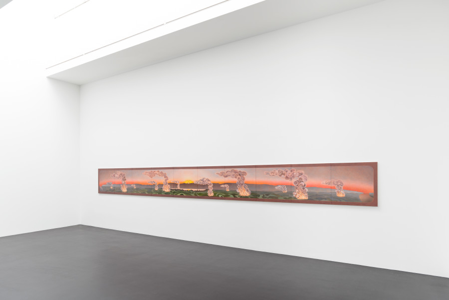 Caroline Bachmann, 58 av. J.-C., 2020. Oil on canvas (10 elements), 80 x 800 x 2.2 cm. Installation view, Galerie Gregor Staiger, Zurich