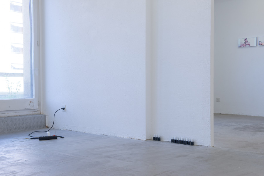 Exhibition view, Moniker, HAMLET, Zürich, 2025. From left to right: Sam Cottington, Phone Play, 2024 ; Gaia Del Santo, black essie series, 2024 - ongoing 48 Essie nail polishes with individual titles (postmemoiristic, prada, promise; temu twenties, site-genericity, west village, boyfriend in private equity, brand new, so you, zany, lipgloss mold, absence); Gaia Del Santo, Addison Rae (after Addison Rae), 1-7, 2025, 7 Risograph prints on Lessebo 240g (10+ 1 AP), 17 x 38 cm