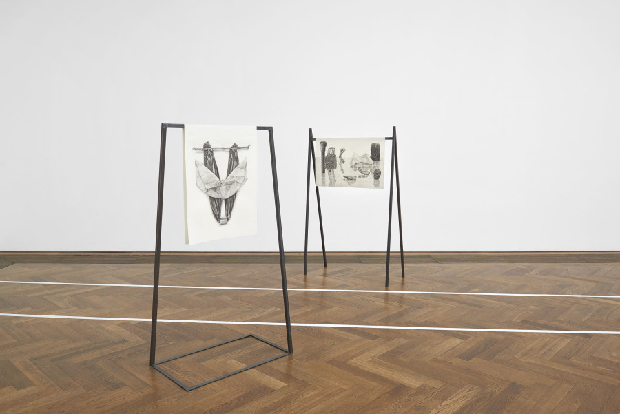 Installation view, Situation 1 und andere, Kunsthalle Basel, 2020, view on Fantine Andrès, L’oubli, 2020 (left), Bibelots, 2020 (right). Photo: Philipp Hänger / Kunsthalle Basel