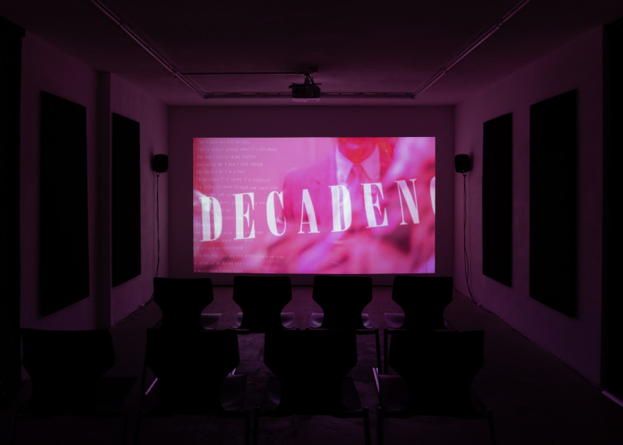 Exhibition view, Jordan Strafer, LOOPHOLE and DECADENCE, Halmet, Zürich, 2025. Jordan Strafer, DECADENCE, 2024, 16:9, 20’ 25’’. Photo by Tereza Glazova