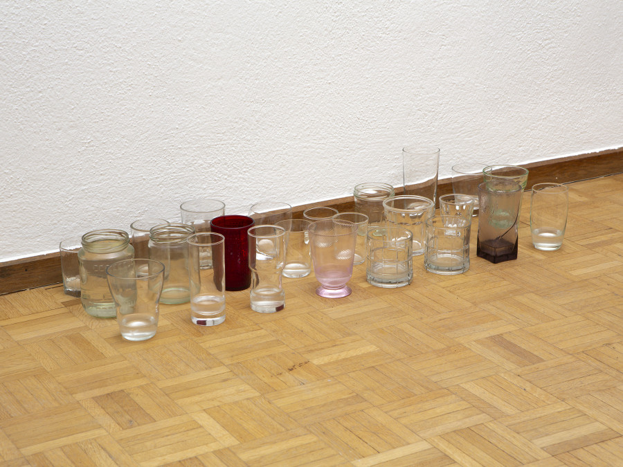 Amina Ross, Untitled, 2020 - ongoing, Glassware, NYC rainwater (upon evaporation, the NYC rainwater is replaced with the one from Zurich). Picture credit: Philipp Rupp/Julien Gremaud. Courtesy of the artist and Sentiment