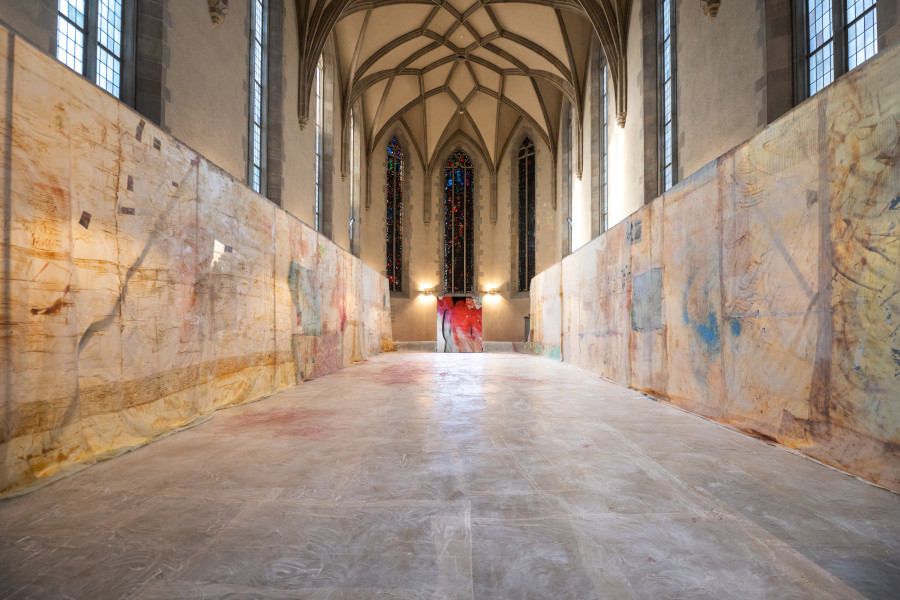 Mandy El-Sayegh ‘Enfleshing’, installation at Wasserkirche, Zürich. Part of the exhibition ‘In Session’, Tichy Ocean Foundation, Zürich, 2023. Photo: Massimo Bello. Courtesy the artist and Tichy Ocean Foundation