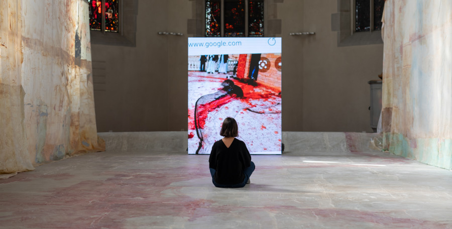 Mandy El-Sayegh ‘Enfleshing’, installation at Wasserkirche, Zürich. Part of the exhibition ‘In Session’, Tichy Ocean Foundation, Zürich, 2023. Photo: Massimo Bello. Courtesy the artist and Tichy Ocean Foundation