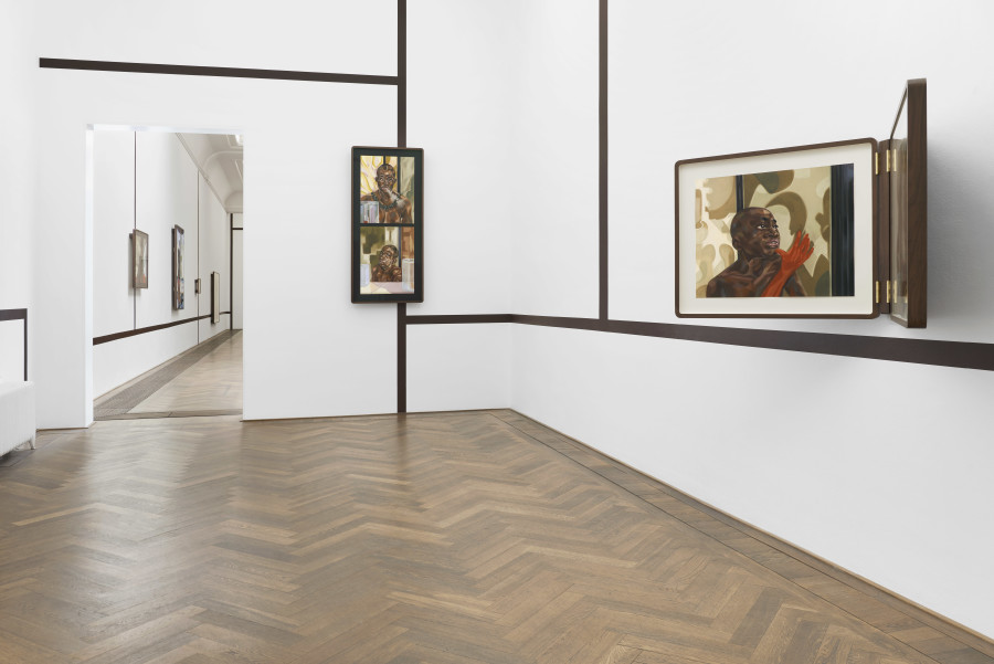 Toyin Ojih Odutola, Ilé Oriaku, exhibition view, Kunsthalle Basel, 2024, photo: Philipp Hänger / Kunsthalle Basel. Courtesy of the artist and Jack Shainman Gallery, New York