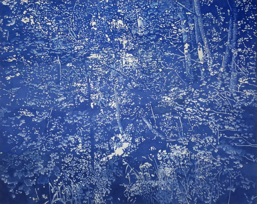 Franz Gertsch, Blauer Sommer, 2020, Eitempera auf ungrundierter Baumwolle Tempera on unprimed cotton, 270 x 340 cm, Besitz des Künstlers Collection of the artist © Franz Gertsch