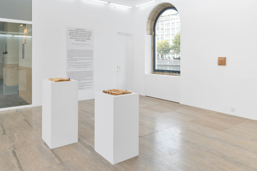 Exhibition view, Jardins Défiants (Defiant Gardens), Halle Nord, Geneva, 2025. Zahra Hakim, Un Éclat d’une Lumière Perdue I, II & III, 2025, Carved wood. Photo credit: © Thomas Maisonnasse / Halle Nord, 2025
