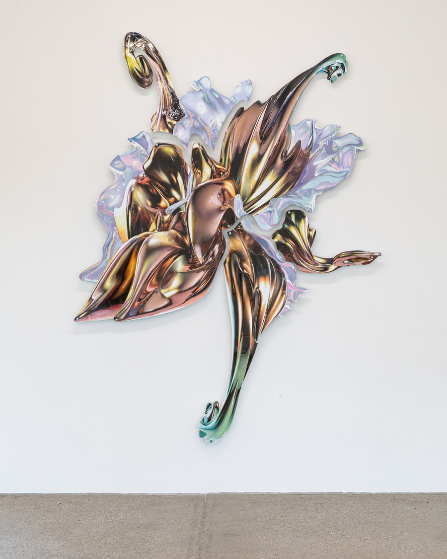 Exhibition view ‘This is the time of sweet sweet change for us all’; Salomé Chatriot, Honey Time 4, 2024, oil paint and enamel on aluminium (four parts), 210 x 176 x 5cm, CALM - Centre d'Art La Meute, Lausanne, Switzerland, 2024 / Photo: Théo Dufloo / Courtesy of the artist, New Galerie and CALM - Centre d'Art La Meute.