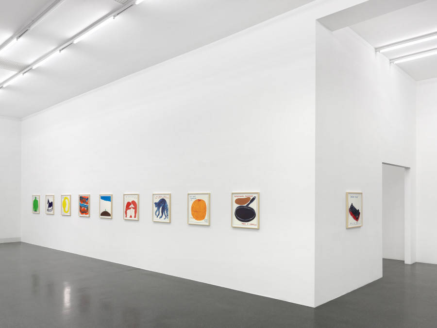 Installation view, David Shrigley, Proposals for Record Covers, Galerie Francesca Pia, Zurich, 2022. Photo: Annik Wetter