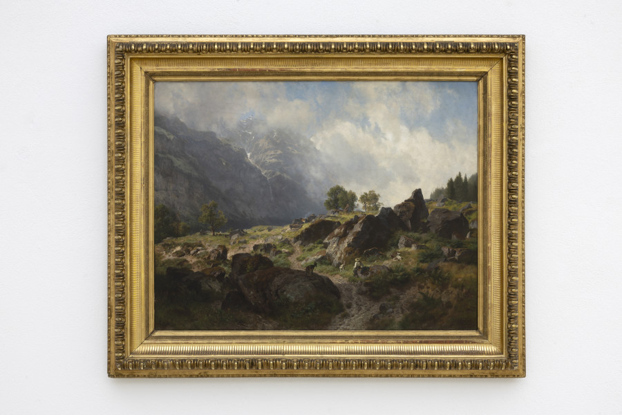 Johann Gottfried Steffan Alp im Klöntal, 1880. Oil on canvas, 99 x 129 cm. Collection Glarner Kunstverein. Megan Francis Sullivan, Wolkenstudie, installation view, Kunsthaus Glarus, 2024. Photo: Gina Folly. Courtesy of the artist.