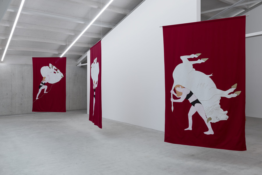 Hannah Cooke, Red Flags, 2023. Courtesy the artist. Ausstellungsansicht Kunsthaus Baselland 2025. Foto: Gina Folly