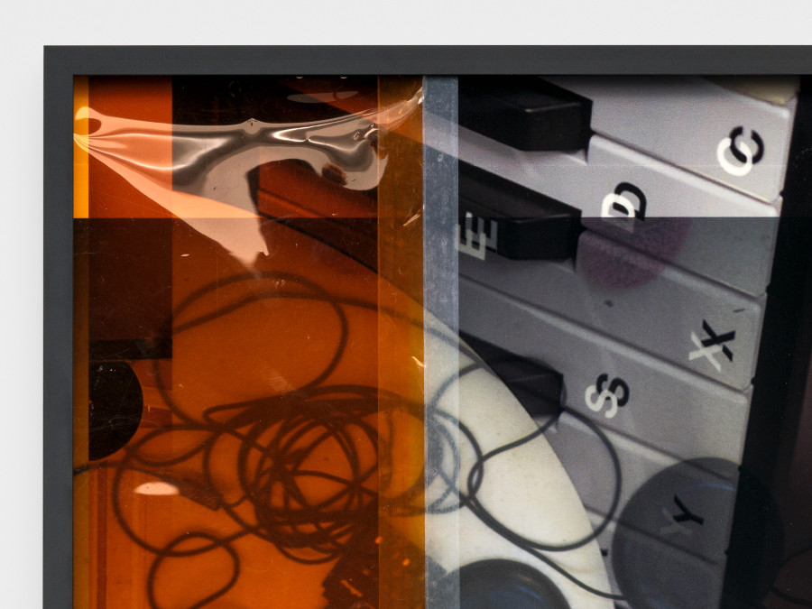 Daria Blum, i guess at that age you’re more resilient even if the ambulance takes a while my child would make it, detail, 2026, Archival pigment print, UV print on museum glass, coloured lighting gel, tape, 46 × 26 cm. Photo credits: Julian Blum