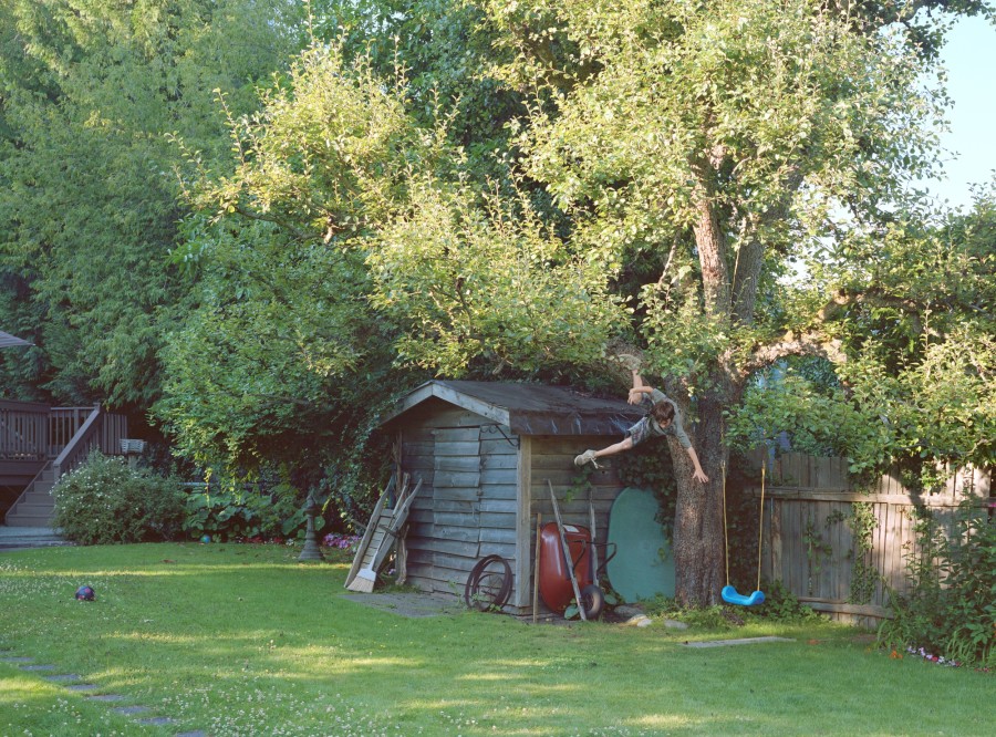 Jeff Wall, Boy falls from Tree, 2010, Farbfotografie, 226 x 305.5 cm. Emanuel Hoffmann-Stiftung, Geschenk der Präsidentin 2012, Depositum in der Öffentlichen Kunstsammlung Basel