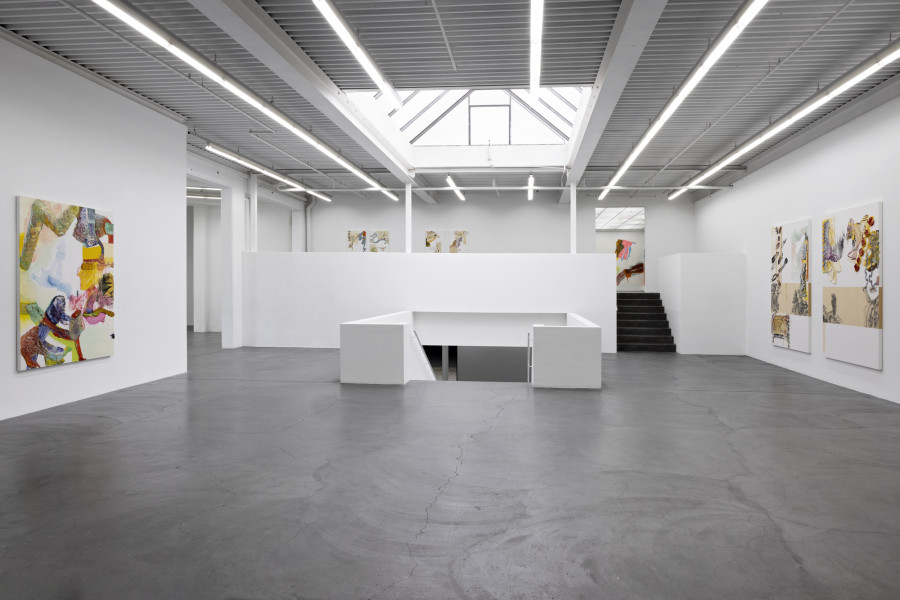 Pia Fries, bitu, 1995. 200 x 170 cm, Ölfarbe auf Holz; schwarze blumen erucarum ortus, 2005, je 240 x 170 cm. Ölfarbe, Siebdruck, Holz  Ausstellungsansicht / Installation view Kunsthaus Baselland 2023. Foto / Photo: Gina Folly  © Pia Fries / 2023 ProLitteris, Zürich