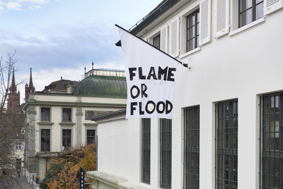 Regionale 23, We are so many here, Kunsthalle Basel, 2022. Installation view (Outdoors): Jacob Ott, A banner by Andreas Halsteen, 2022. Photo: Philipp Hänger / Kunsthalle Basel