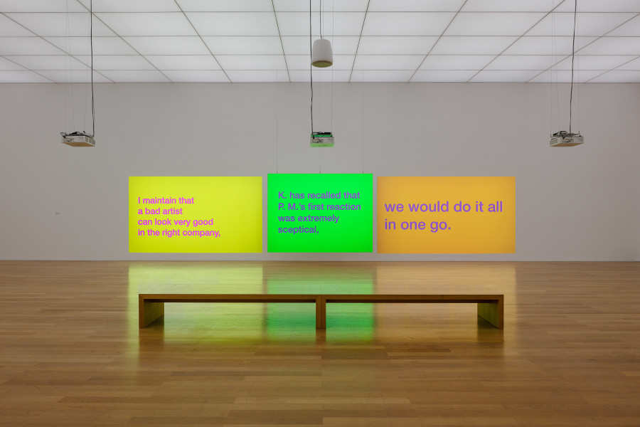 Installation view, Tony Cokes, Let Yourself Be Free, Kunstmuseum Liechtenstein, 2025-2026. Photo credit: kunst-dokumentation.com. © Tony Cokes / Kunstmuseum Liechtenstein