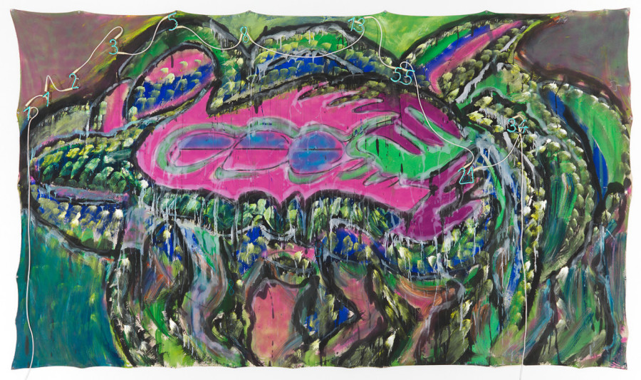 Mario Merz (1925–2003), Coccodrillo viola, um 1990, Acryl und Farbkreiden auf Leinwand, Neonzahlen, 250 x 505 cm, Kunst Museum Winterthur, Ankauf mit Mitteln aus dem Legat Curt und Erna, Burgauer, 2003. Foto: SIK-ISEA, Zürich, Philipp Hitz