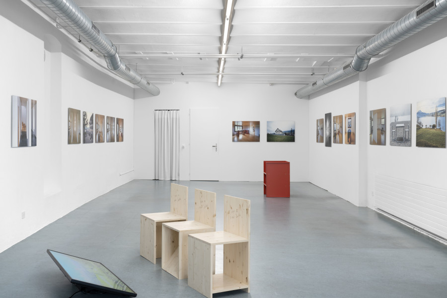 Exhibition view, The House That Judd Built, An exhibition about «Eichholteren», a former inn on Lake Lucerne, reconstructed by Donald Judd and photographed by Franziska and Bruno Mancia. Photo credits: marytwo