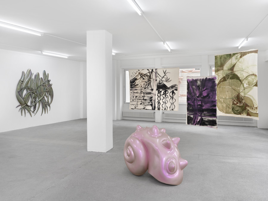 Ida Ekblad, Shuang Li, Vivian Suter, Group show, Installation view, Karma International, Zurich, 2024. Courtesy the artists and Karma International, Zurich. Photo: Annik Wetter